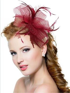 Burgundy Feather Mesh Fascinator Hair Clip